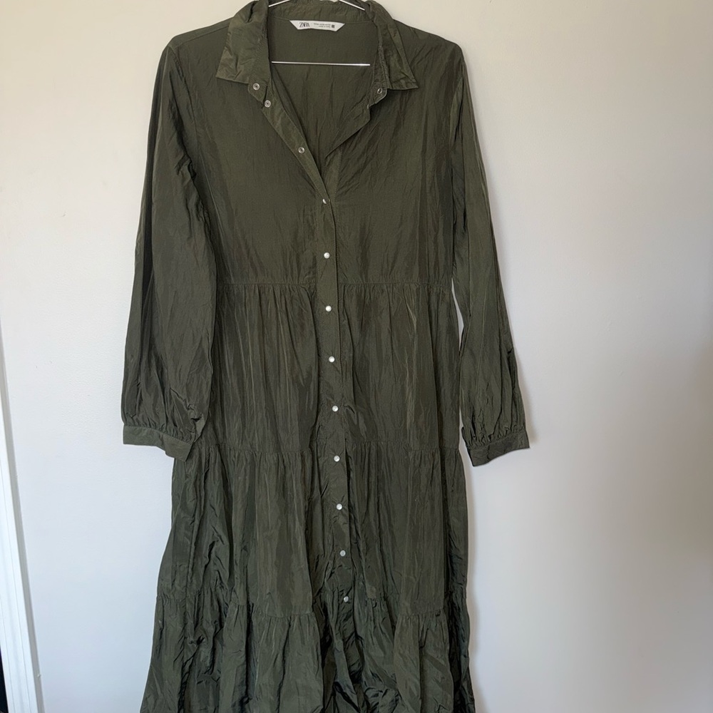 Zara Khaki Button-Front Maxi Dress